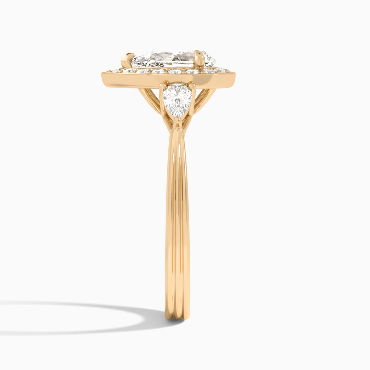 Pear Halo Shaped Side Stone Lab Diamond Engagement Ring In 14K Rose Gold, Side View