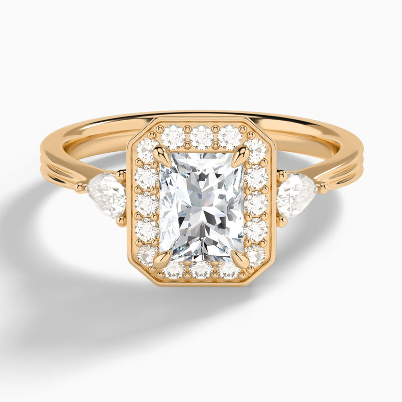 Radiant Halo Shaped Side Stone Lab Diamond Engagement Ring In 14K Rose Gold - Lucenjuri