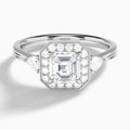 Asscher Halo Shaped Side Stone Lab Diamond Engagement Ring In 14K White Gold - Lucenjuri