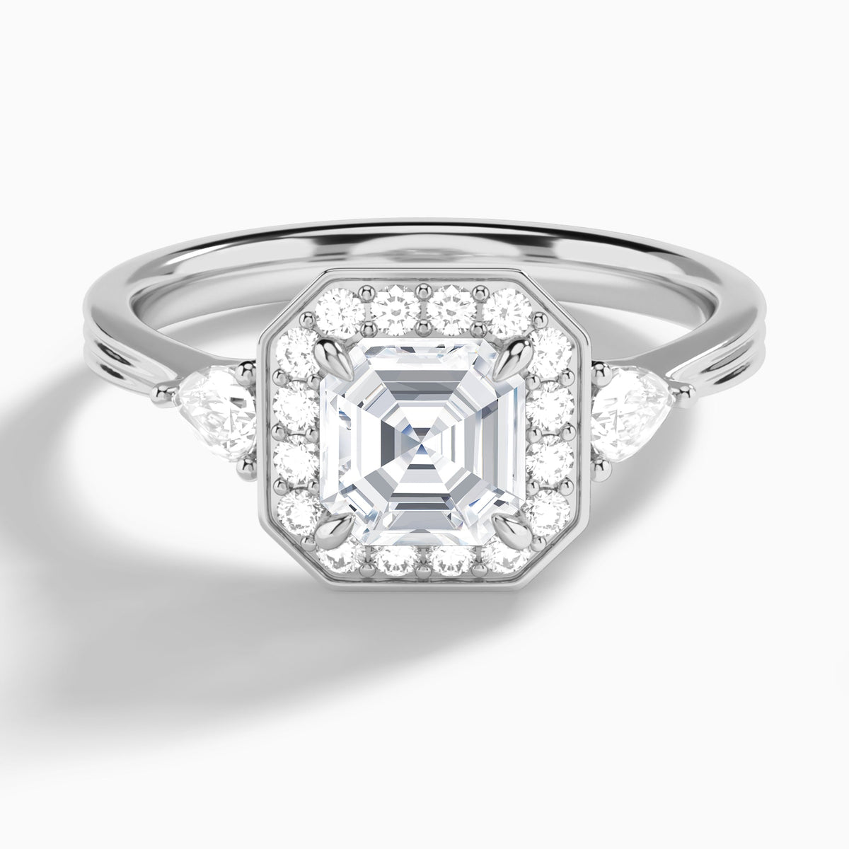 Asscher Halo Shaped Side Stone Lab Diamond Engagement Ring In 14K White Gold - Lucenjuri