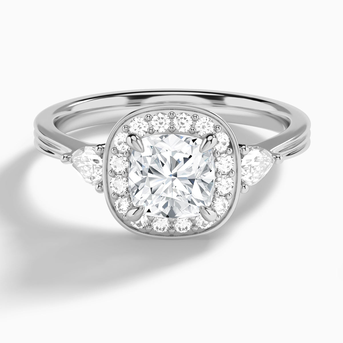 Cushion Halo Shaped Side Stone Lab Diamond Engagement Ring In 14K White Gold - Lucenjuri