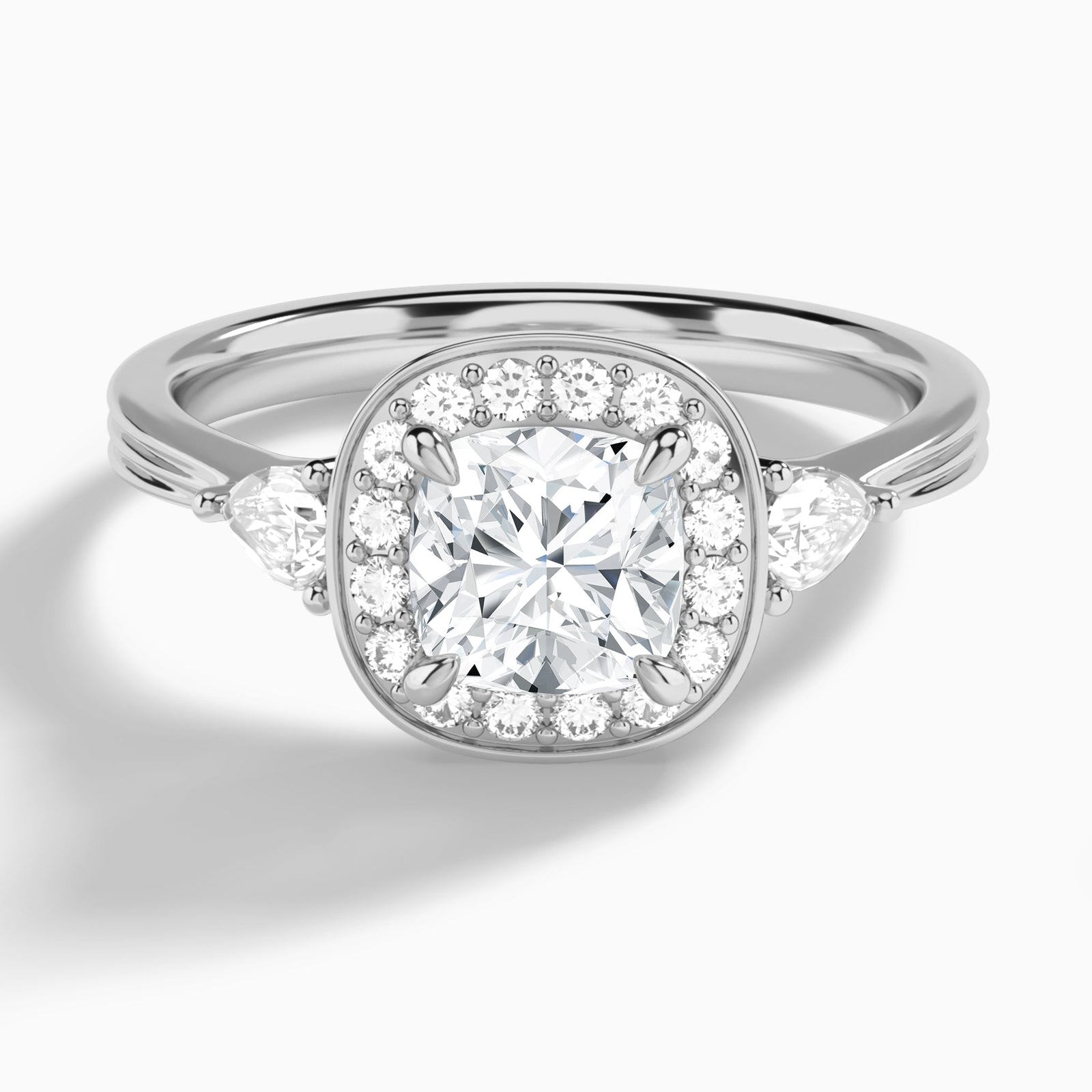 Cushion Halo Shaped Side Stone Lab Diamond Engagement Ring In 14K White Gold - Lucenjuri