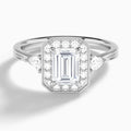 Emerald Halo Shaped Side Stone Lab Diamond Engagement Ring In 18K White Gold - Lucenjuri