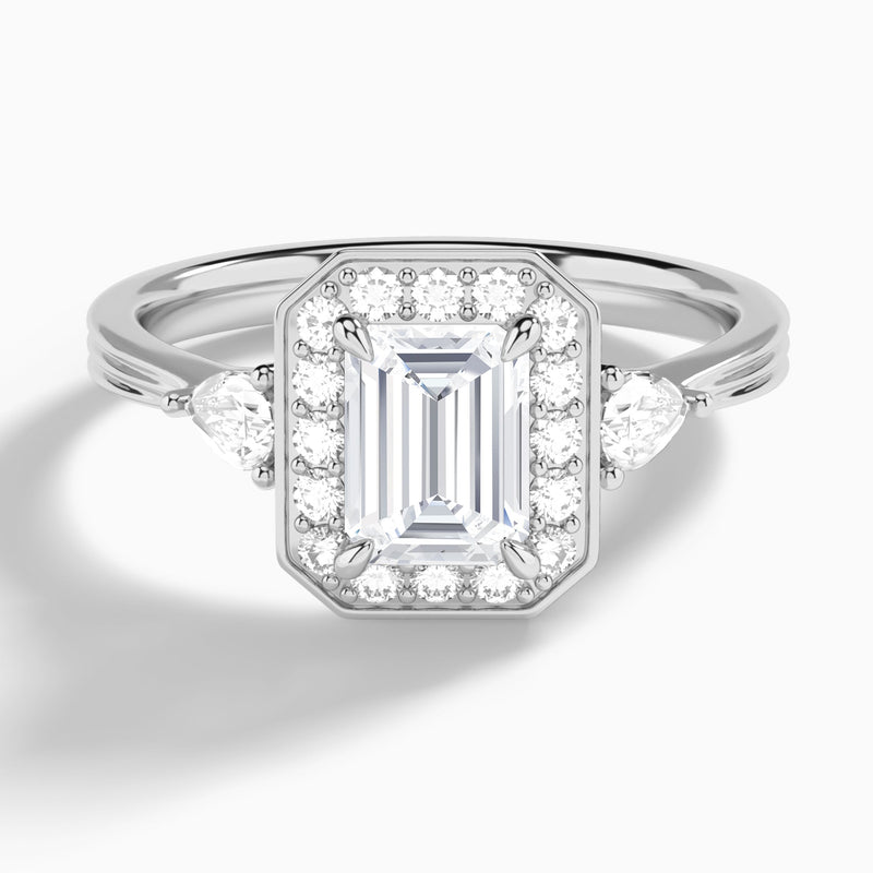 Emerald Halo Shaped Side Stone Lab Diamond Engagement Ring In 14K White Gold