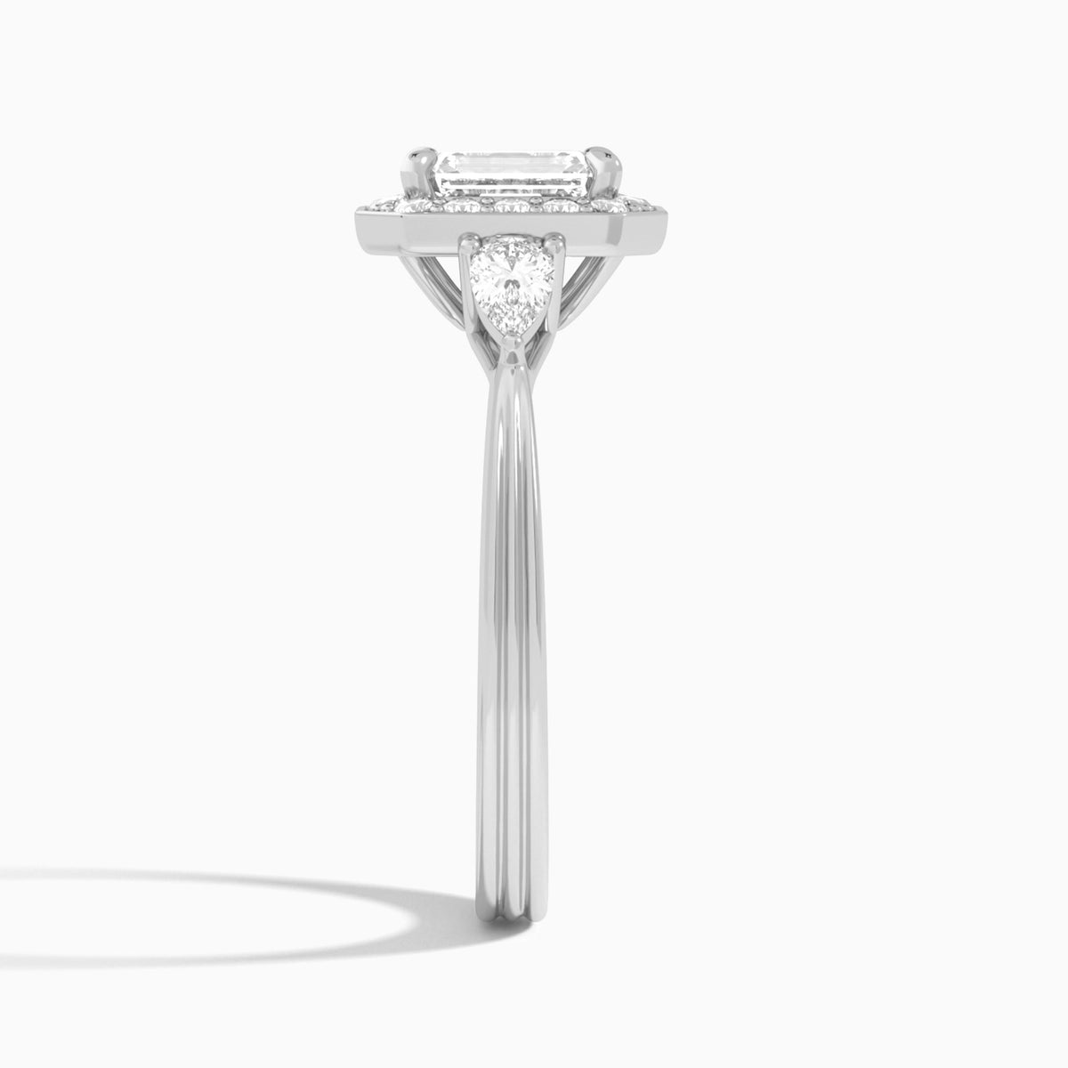 Emerald Halo Shaped Side Stone Lab Diamond Engagement Ring In 14K White Gold, Side View