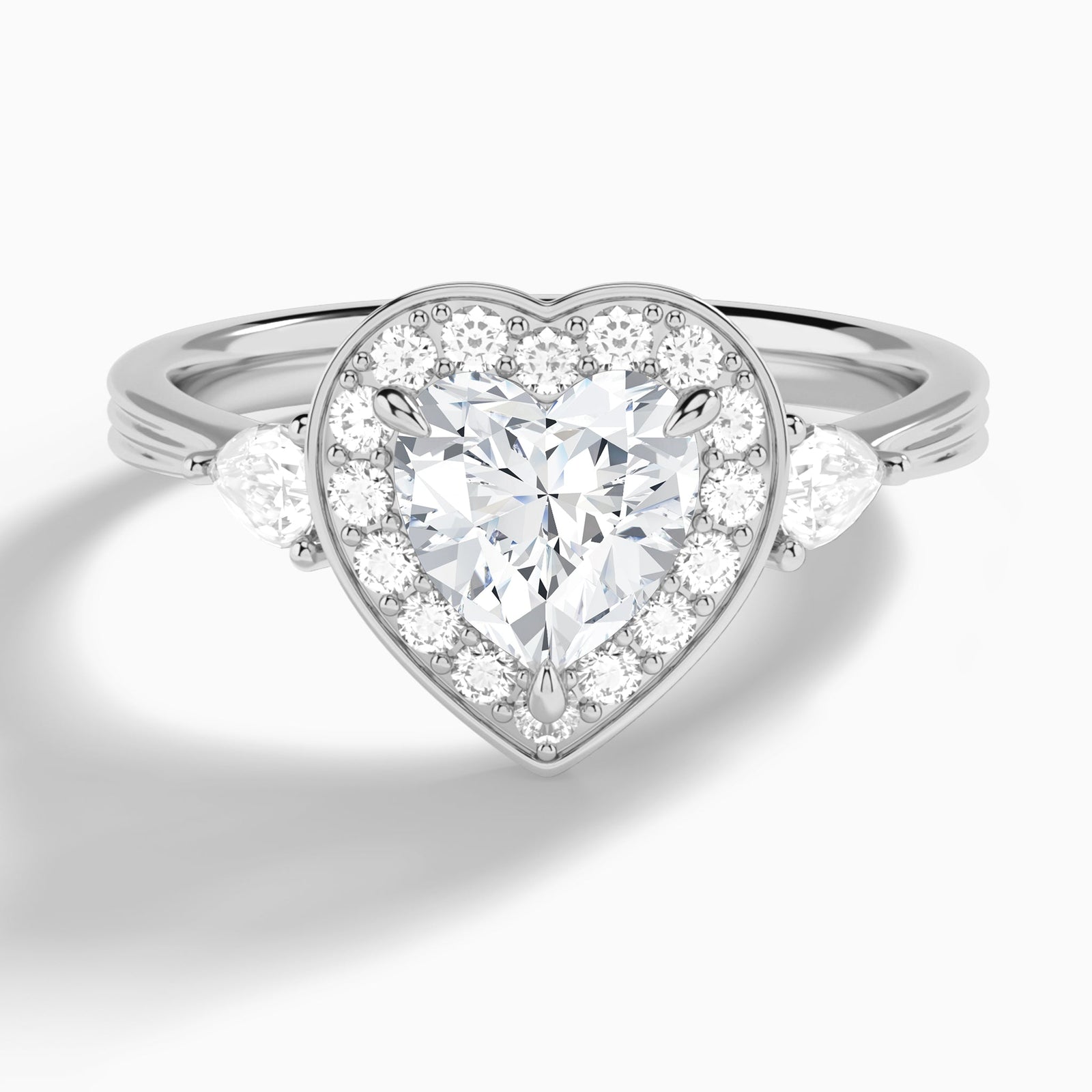 Heart Halo Shaped Side Stone Lab Diamond Engagement Ring In 18K White Gold - Lucenjuri