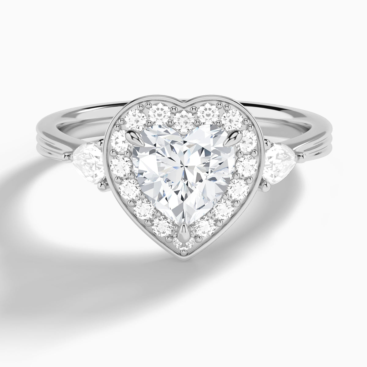 Heart Halo Shaped Side Stone Lab Diamond Engagement Ring In 14K White Gold - Lucenjuri