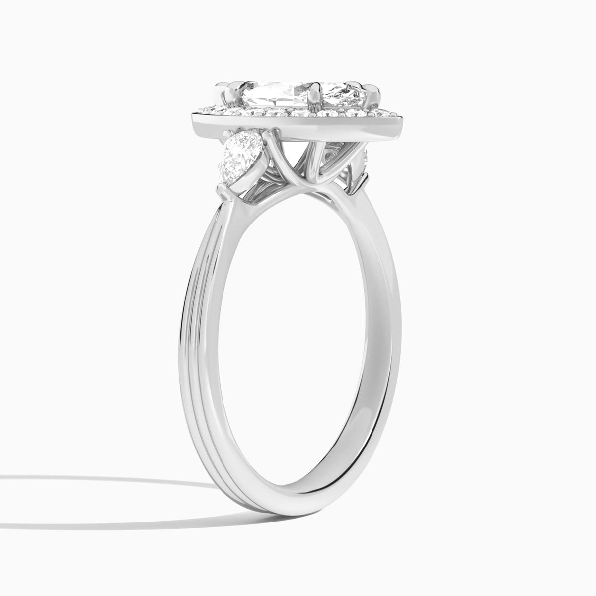 Marquise Halo Shaped Side Stone Lab Diamond Engagement Ring In 18K White Gold, Angle View