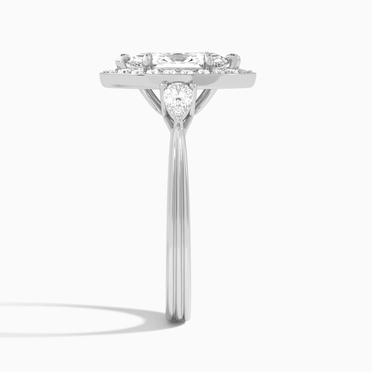 Marquise Halo Shaped Side Stone Lab Diamond Engagement Ring In 18K White Gold, Side View
