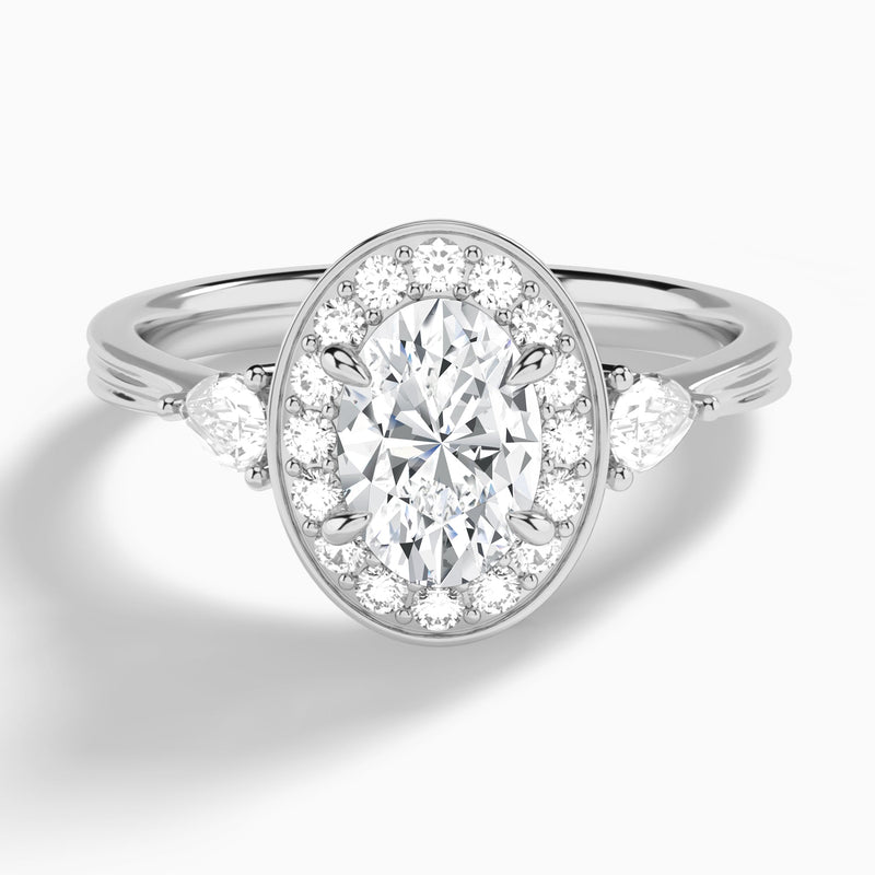 Oval Halo Shaped Side Stone Lab Diamond Engagement Ring In 18K White Gold - Lucenjuri
