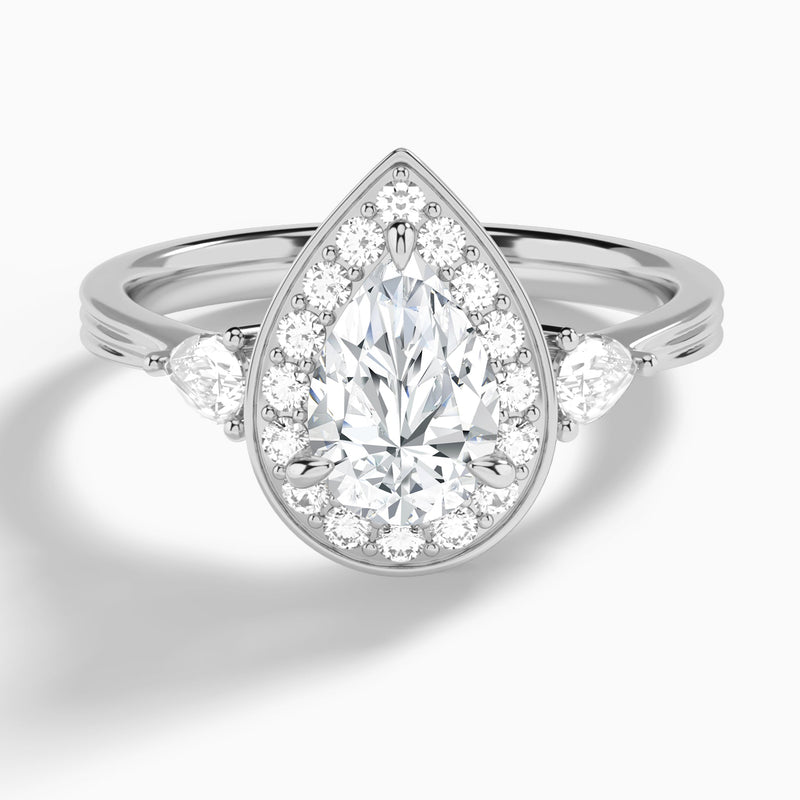 Pear Halo Shaped Side Stone Lab Diamond Engagement Ring In 14K White Gold - Lucenjuri