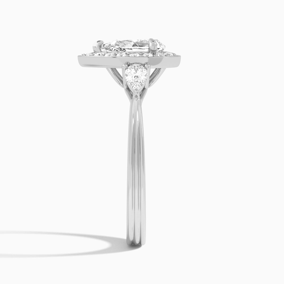 Pear Halo Shaped Side Stone Lab Diamond Engagement Ring In 18K White Gold, Side View
