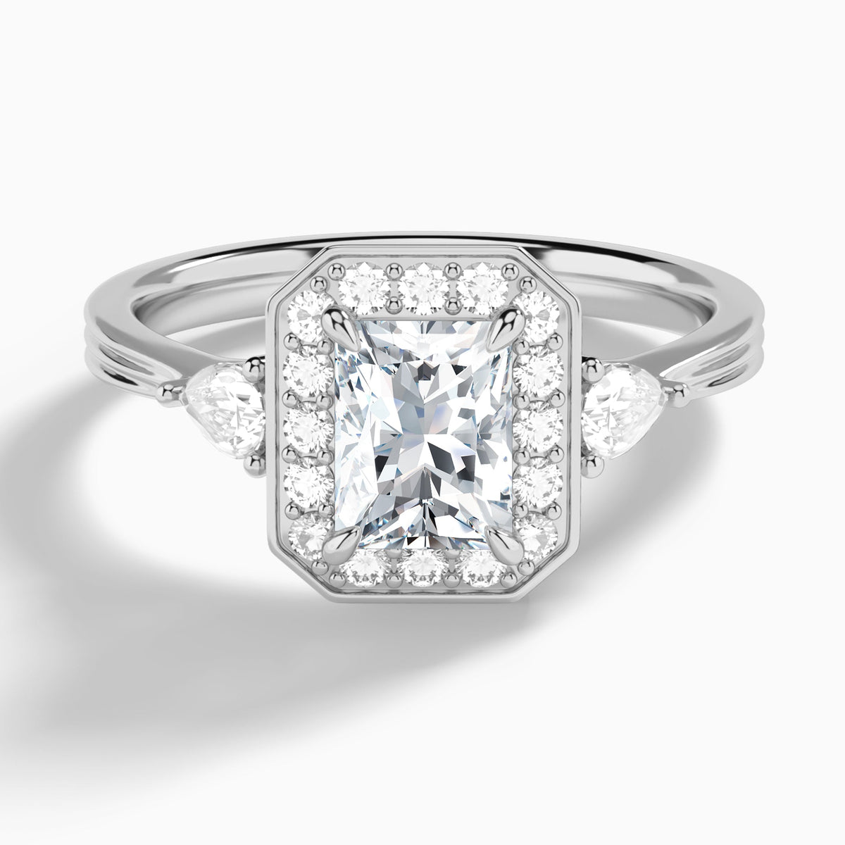 Radiant Halo Shaped Side Stone Lab Diamond Engagement Ring In 14K White Gold - Lucenjuri