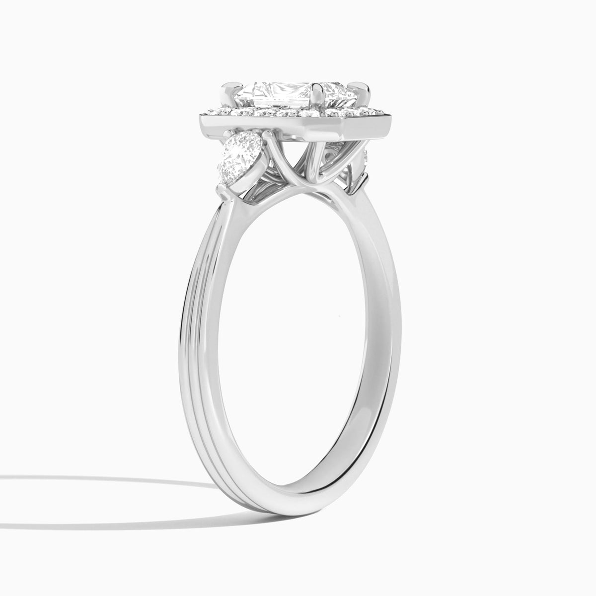 Radiant Halo Shaped Side Stone Lab Diamond Engagement Ring In 14K White Gold, Angle View
