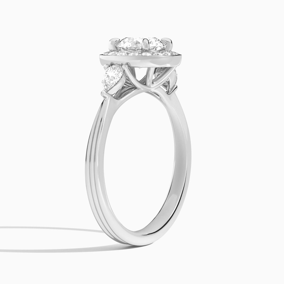 Round Halo Shaped Side Stone Lab Diamond Engagement Ring In 14K White Gold, Angle View