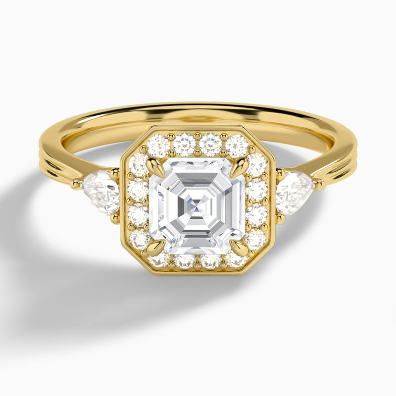 Asscher Halo Shaped Side Stone Lab Diamond Engagement Ring In 18K Yellow Gold - Lucenjuri