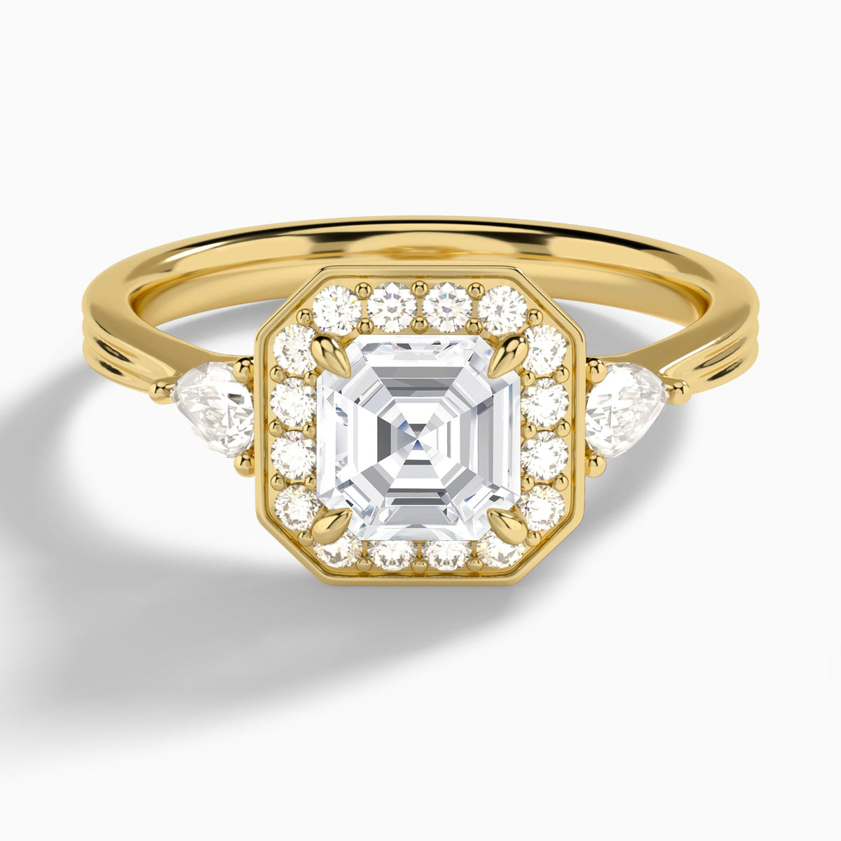 Asscher Halo Shaped Side Stone Lab Diamond Engagement Ring In 14K Yellow Gold - Lucenjuri
