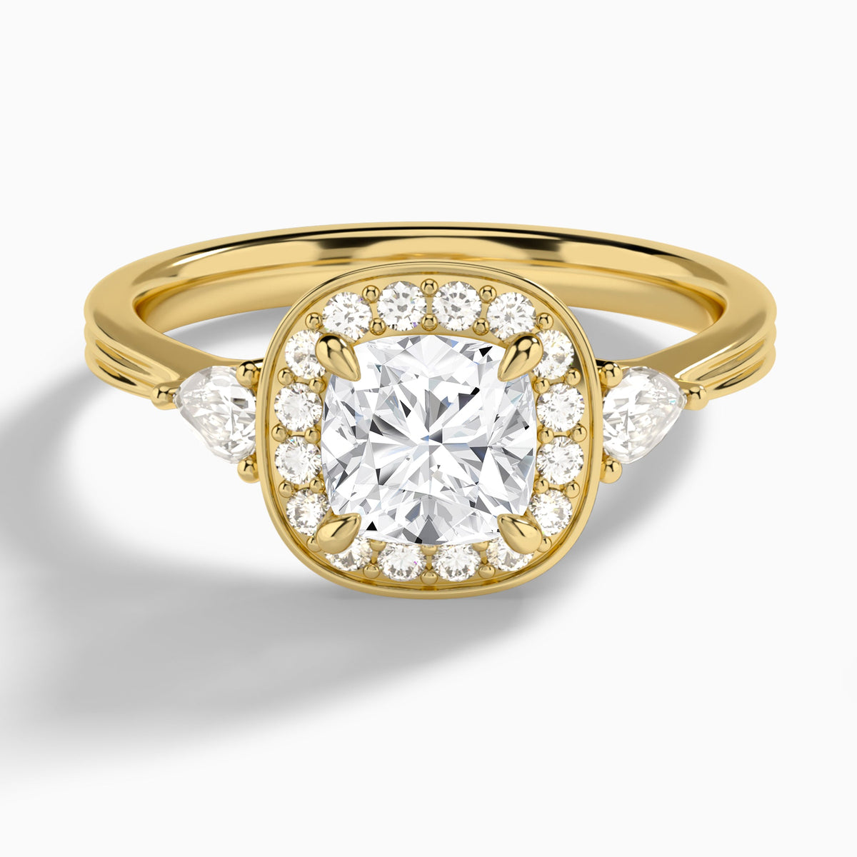 Cushion Halo Shaped Side Stone Lab Diamond Engagement Ring In 14K Yellow Gold - Lucenjuri