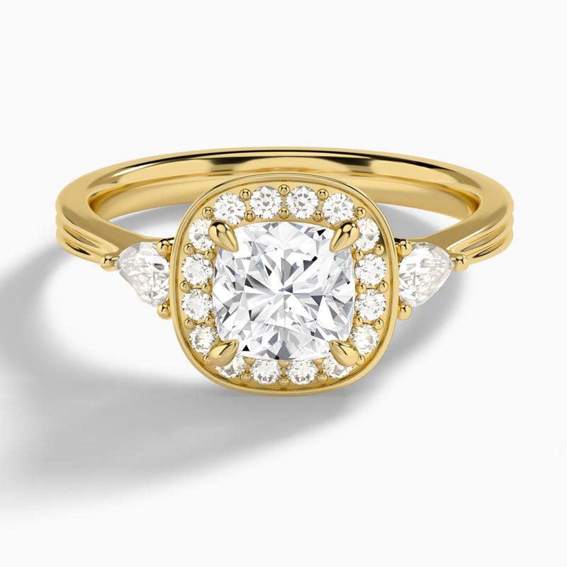 Cushion Halo Shaped Side Stone Lab Diamond Engagement Ring In 18K Yellow Gold - Lucenjuri