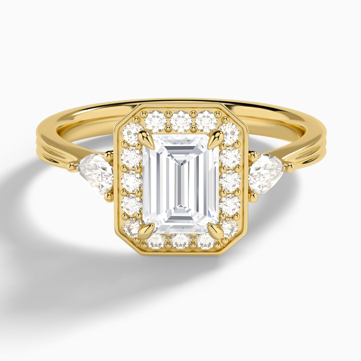 Emerald Halo Shaped Side Stone Lab Diamond Engagement Ring In 18K Yellow Gold - Lucenjuri