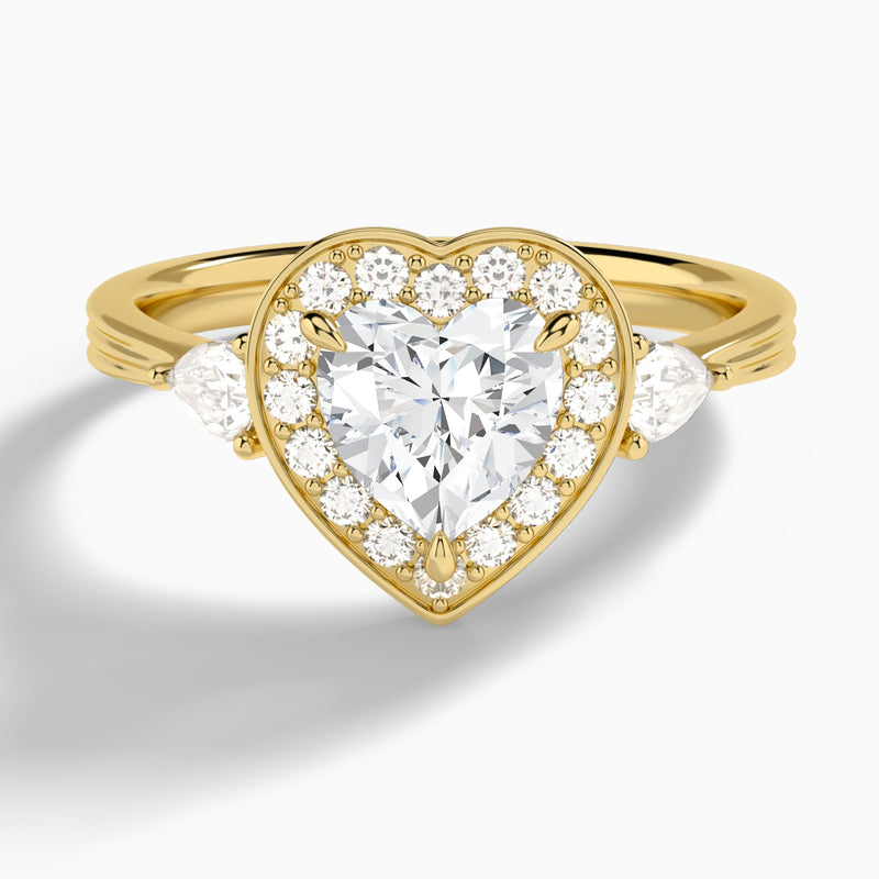 Heart Halo Shaped Side Stone Lab Diamond Engagement Ring In 18K Yellow Gold - Lucenjuri