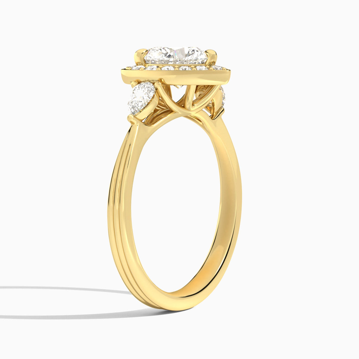 Heart Halo Shaped Side Stone Lab Diamond Engagement Ring In 14K Yellow Gold, Angle View