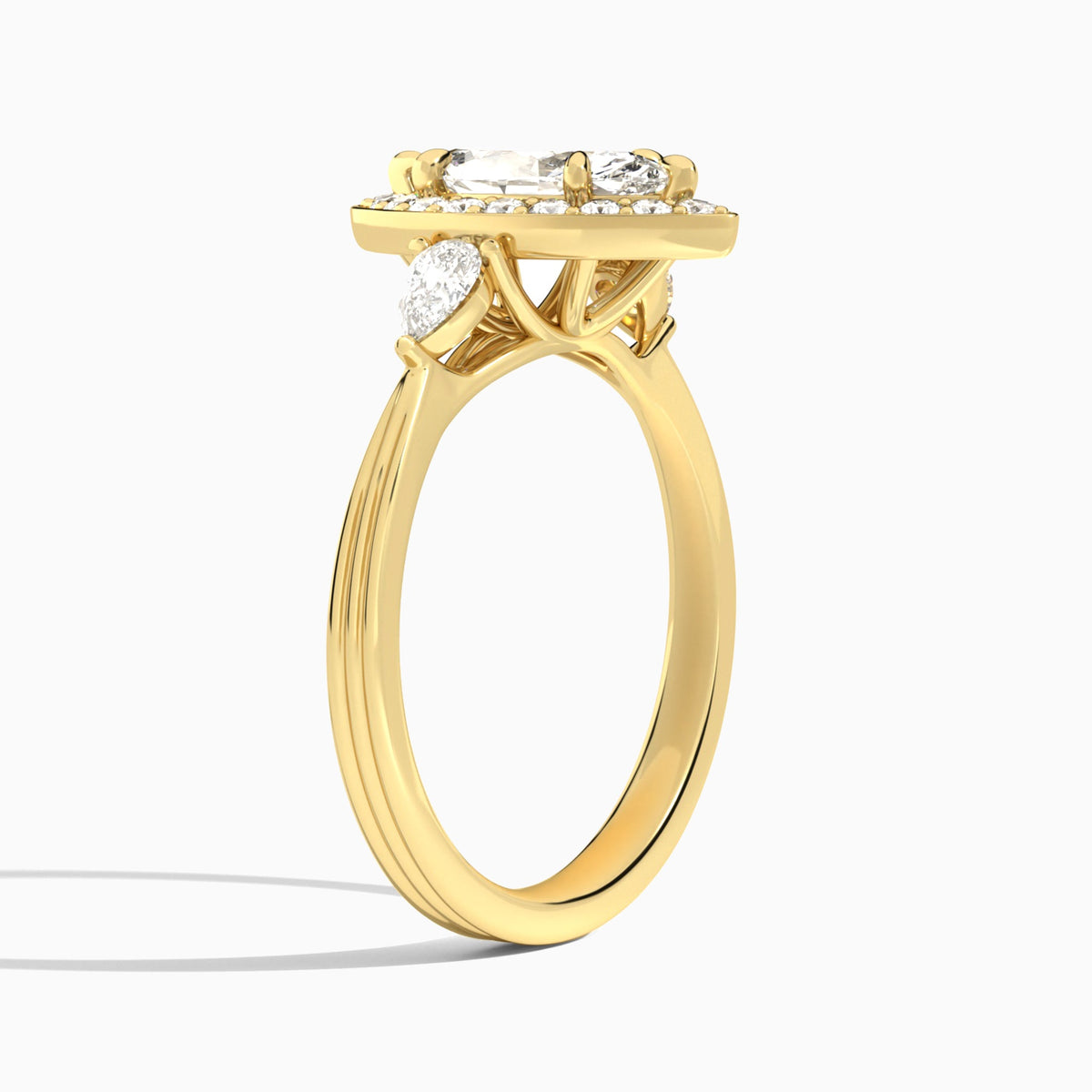 Marquise Halo Shaped Side Stone Lab Diamond Engagement Ring In 18K Yellow Gold, Angle View