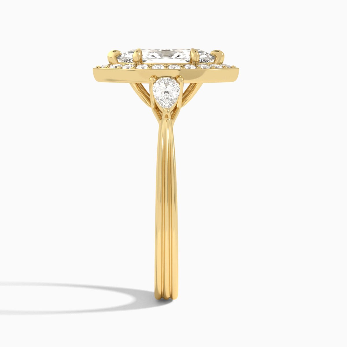 Marquise Halo Shaped Side Stone Lab Diamond Engagement Ring In 18K Yellow Gold, Side View