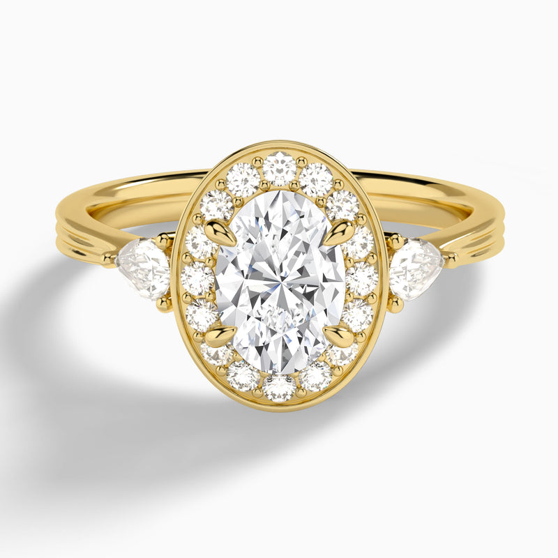 Oval Halo Shaped Side Stone Lab Diamond Engagement Ring In 18K Yellow Gold - Lucenjuri