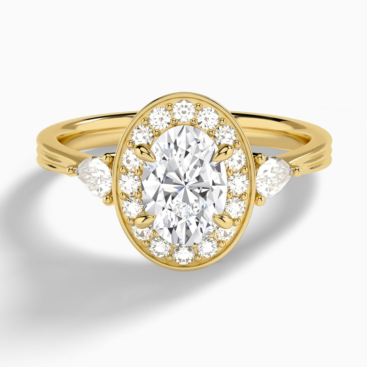 Oval Halo Shaped Side Stone Lab Diamond Engagement Ring In 18K Yellow Gold - Lucenjuri