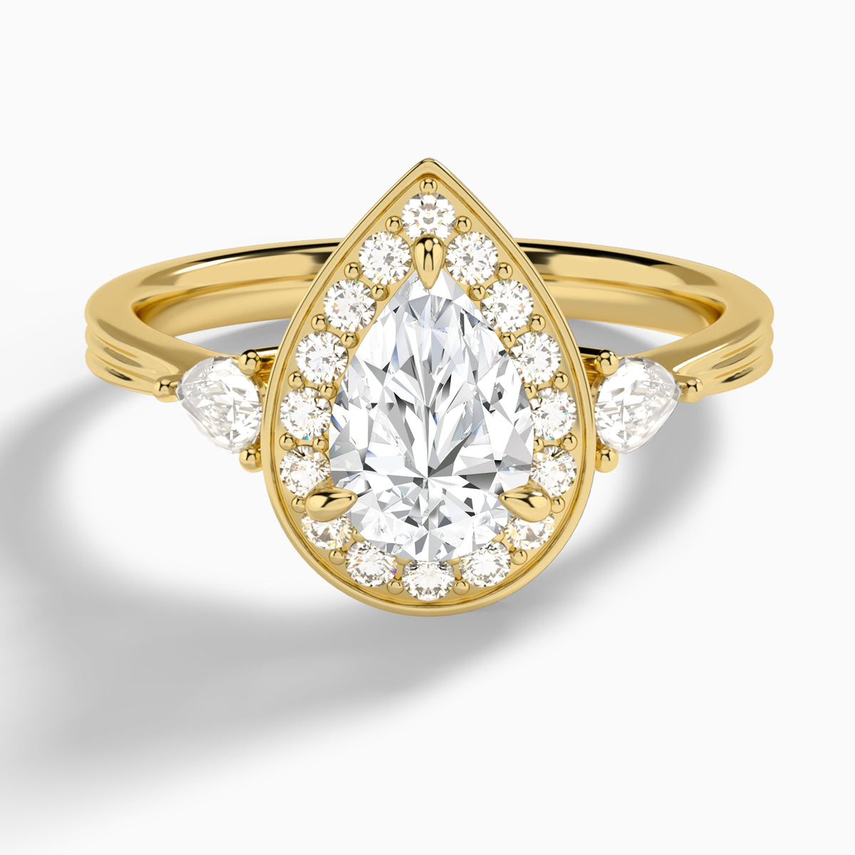Pear Halo Shaped Side Stone Lab Diamond Engagement Ring In 14K Yellow Gold - Lucenjuri