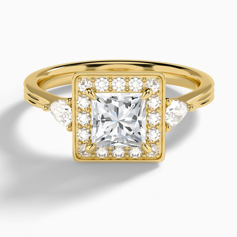 Princess Halo Shaped Side Stone Lab Diamond Engagement Ring In 14K Yellow Gold - Lucenjuri