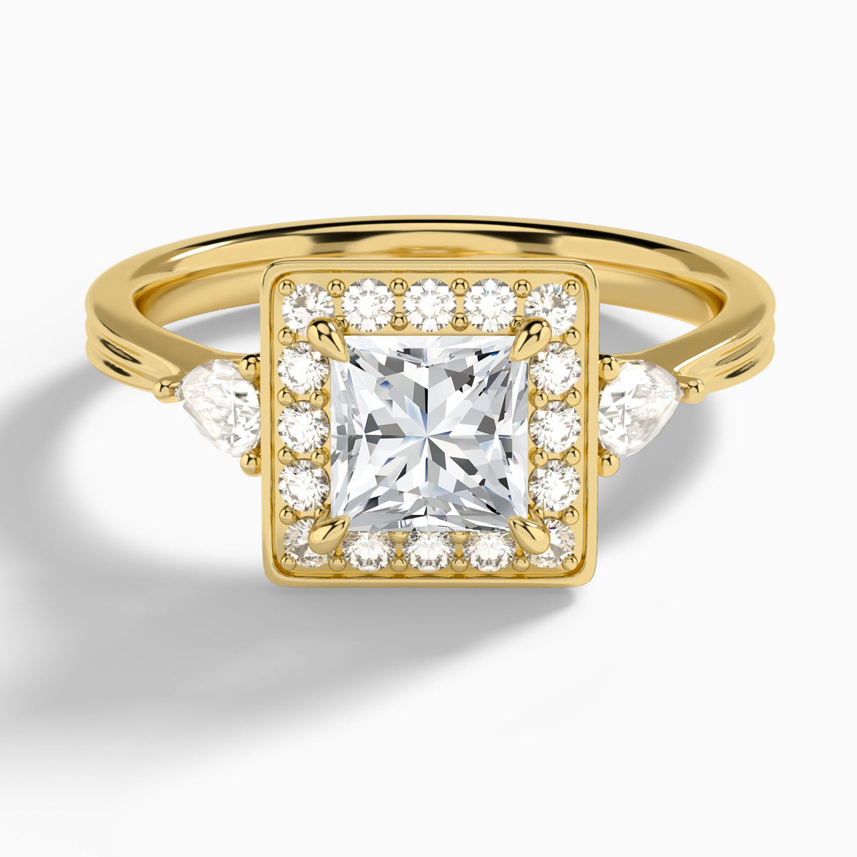 Princess Halo Shaped Side Stone Lab Diamond Engagement Ring In 14K Yellow Gold - Lucenjuri