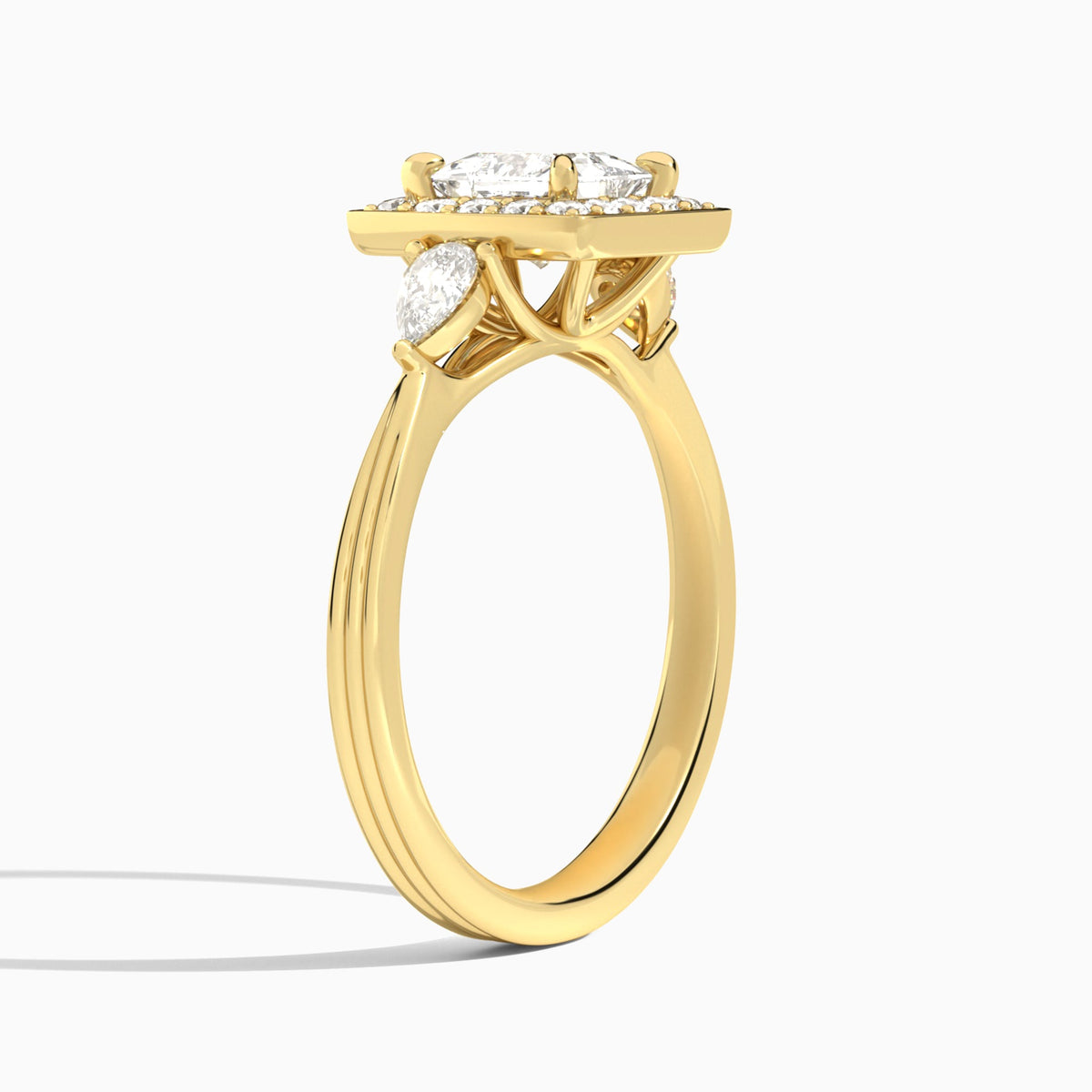 Princess Halo Shaped Side Stone Lab Diamond Engagement Ring In 18K Yellow Gold, Angle View