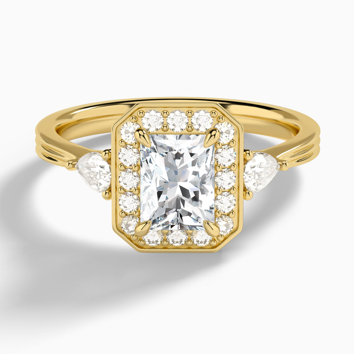 Radiant Halo Shaped Side Stone Lab Diamond Engagement Ring In 18K Yellow Gold - Lucenjuri
