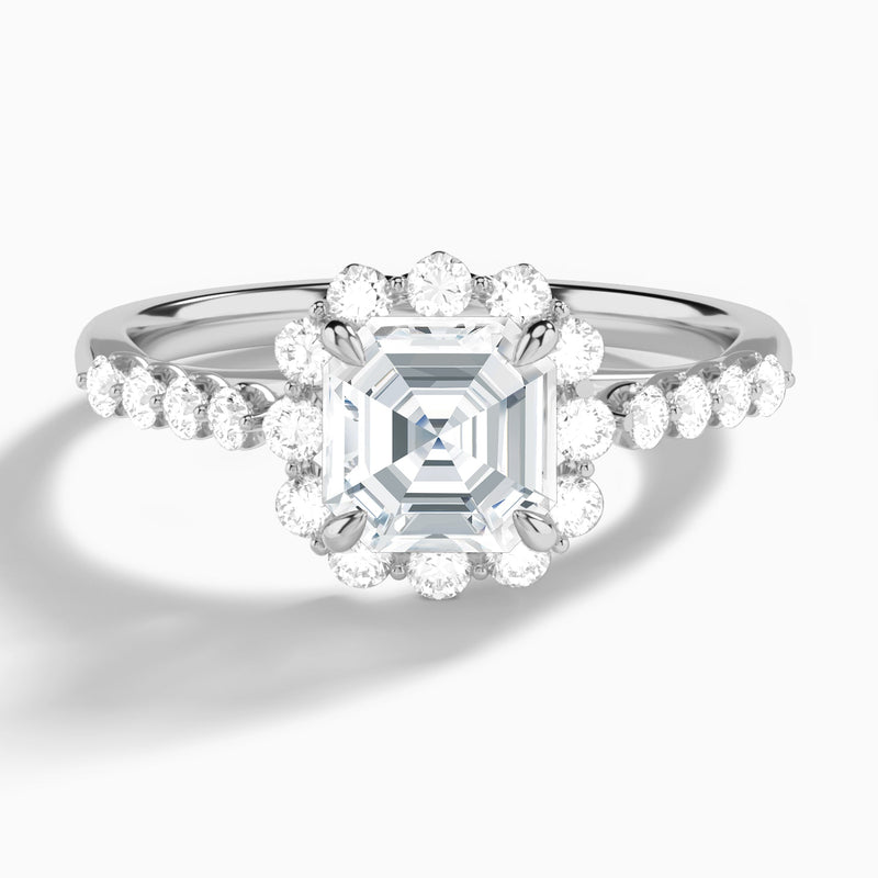 Asscher Luminous Halo Lab Diamond Engagement Ring In 18K White Gold - Lucenjuri