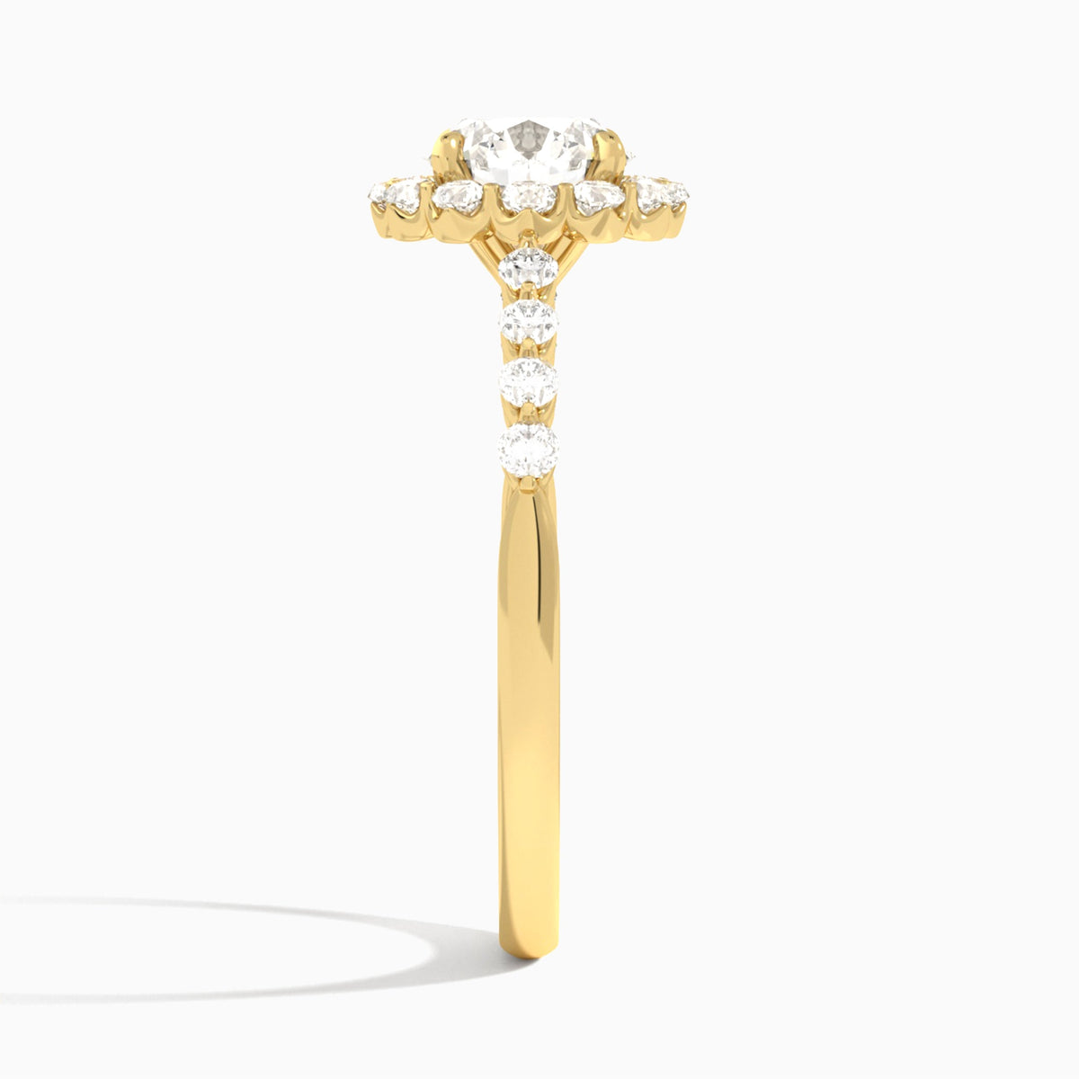 Round Luminous Halo Lab Diamond Engagement Ring In 18K Yellow Gold, Side View