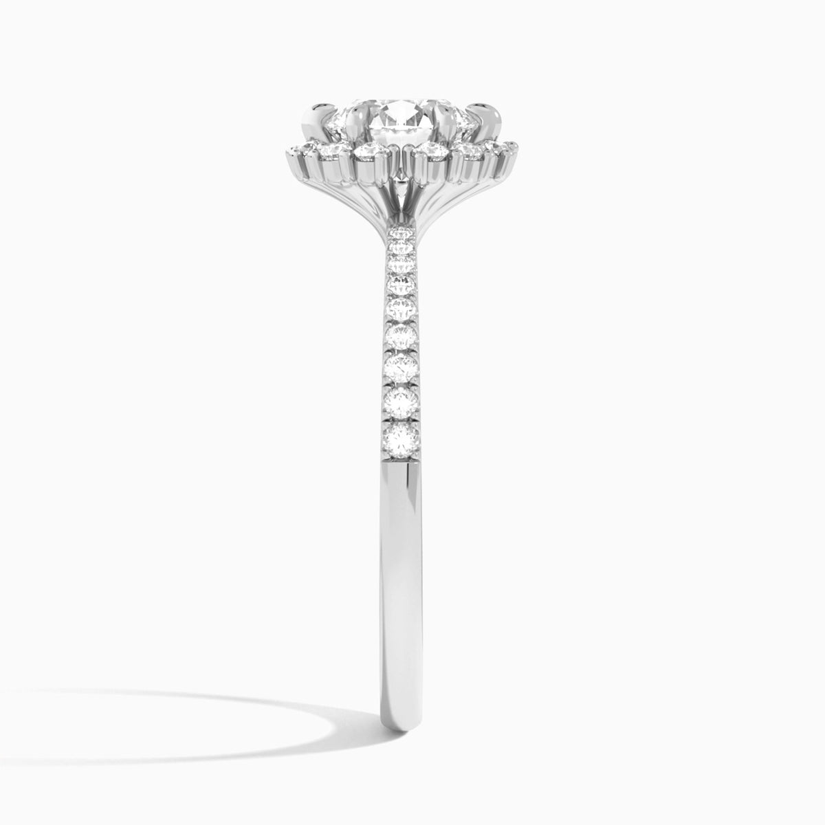 Round Lucinda Halo Lab Grown Diamond Engagement Ring In Platinum, Side View