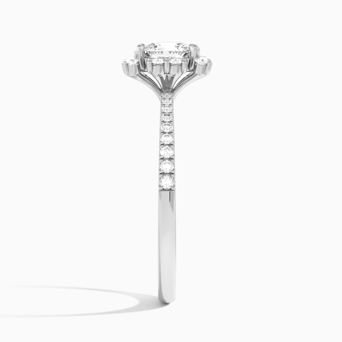 Cushion Lucinda Halo Lab Grown Diamond Engagement Ring In 18K White Gold, Side View