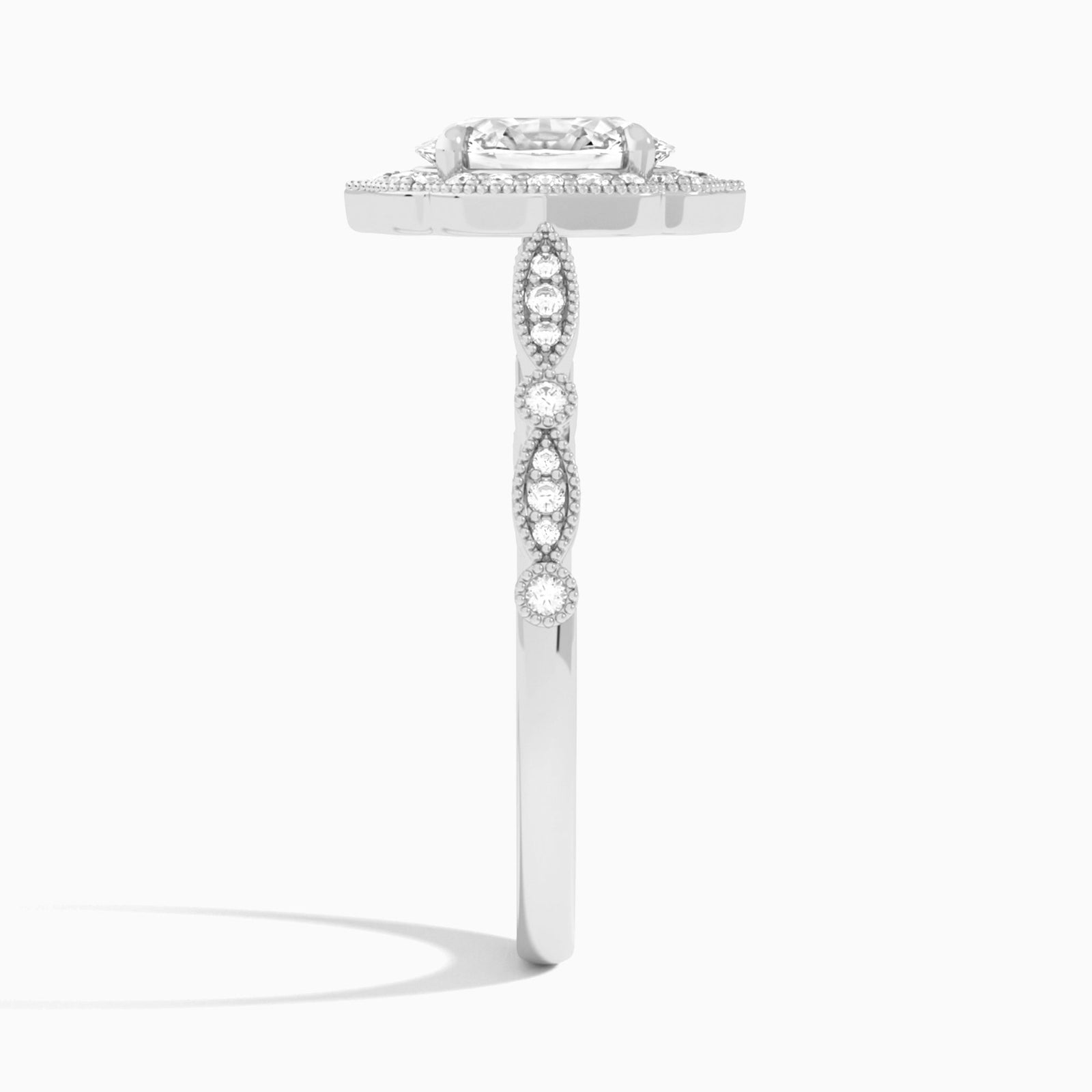 Oval Anastasia Vintage Halo Lab Diamond Engagement Ring In Platinum, Side View