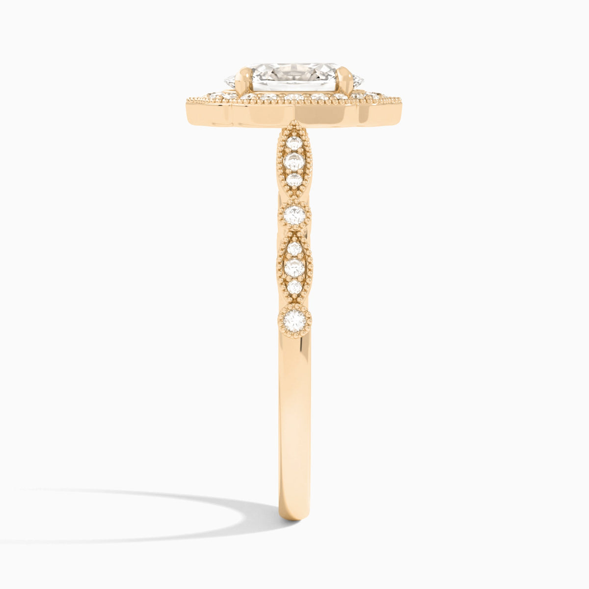 Oval Anastasia Vintage Halo Lab Diamond Engagement Ring In 14K Rose Gold, Side View