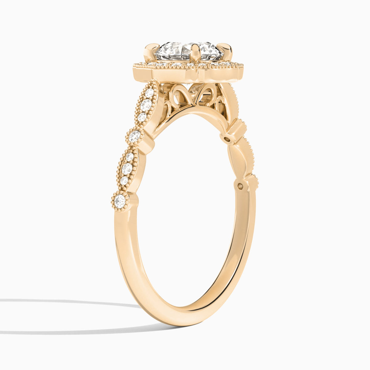 Round Anastasia Vintage Halo Lab Diamond Engagement Ring In 14K Rose Gold, Angle View