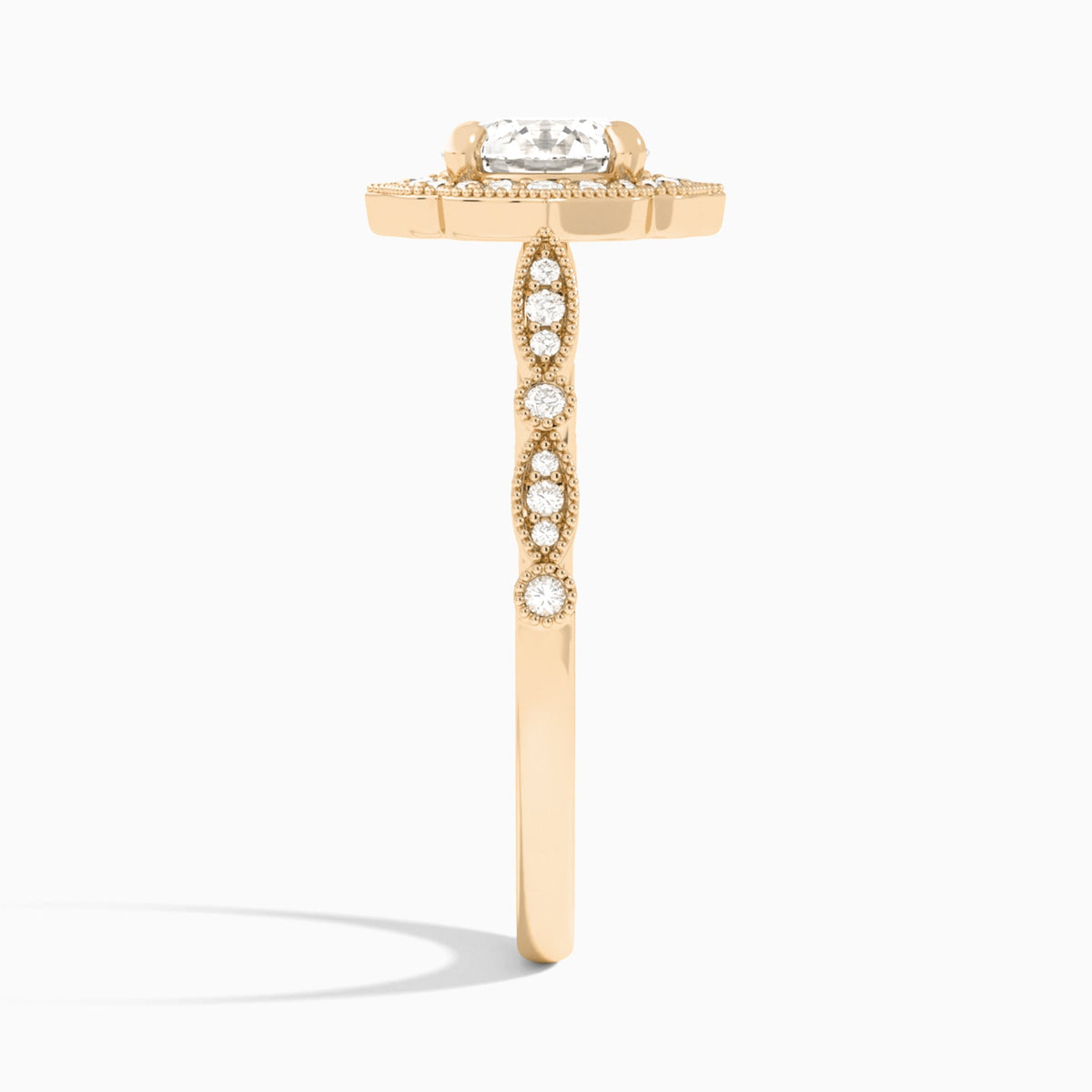 Round Anastasia Vintage Halo Lab Diamond Engagement Ring In 14K Rose Gold, Side View