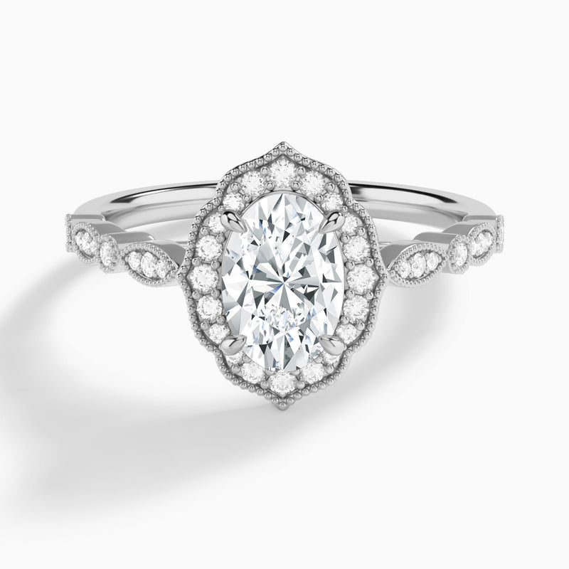 Oval Anastasia Vintage Halo Lab Diamond Engagement Ring In 18K White Gold - Lucenjuri