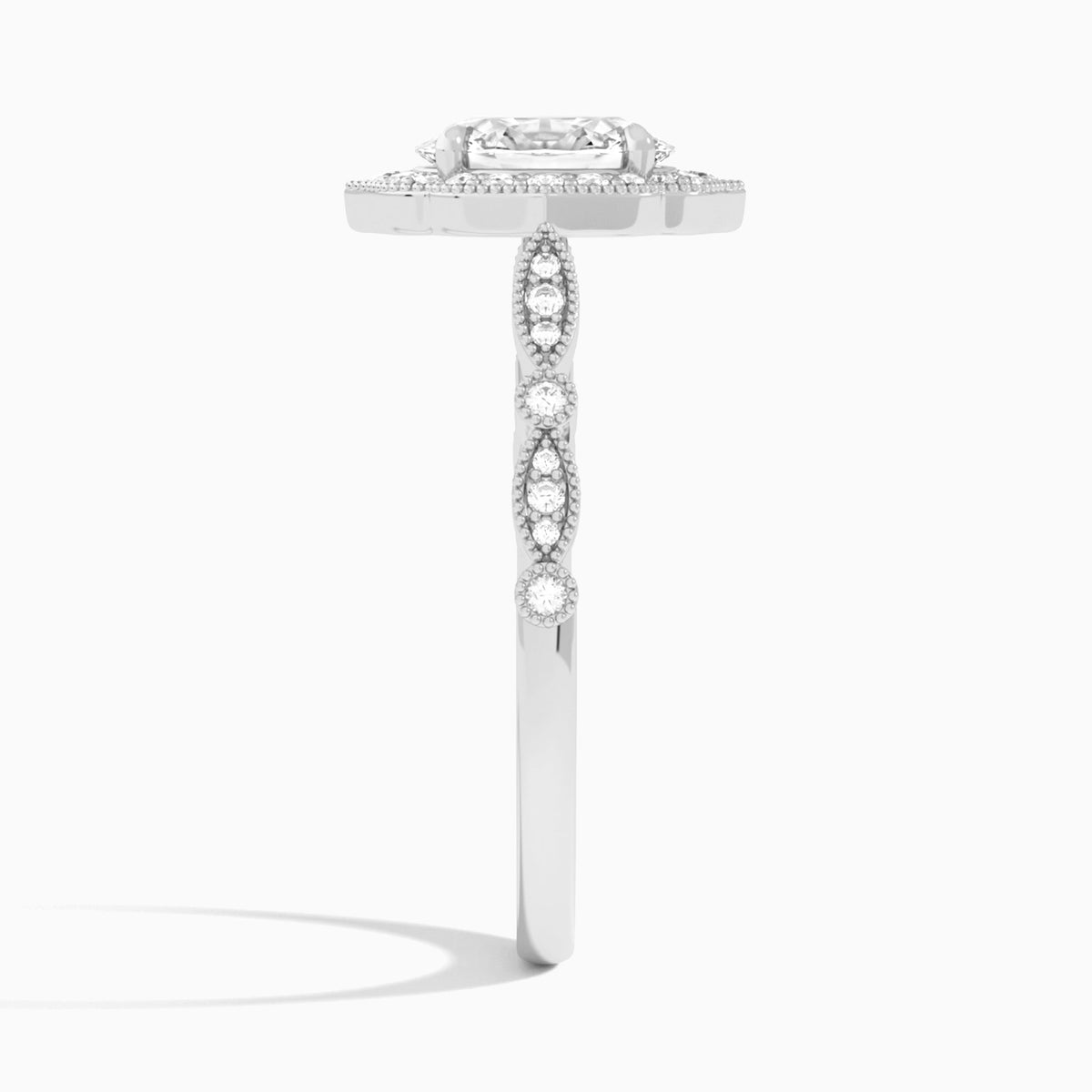 Oval Anastasia Vintage Halo Lab Diamond Engagement Ring In 18K White Gold, Side View
