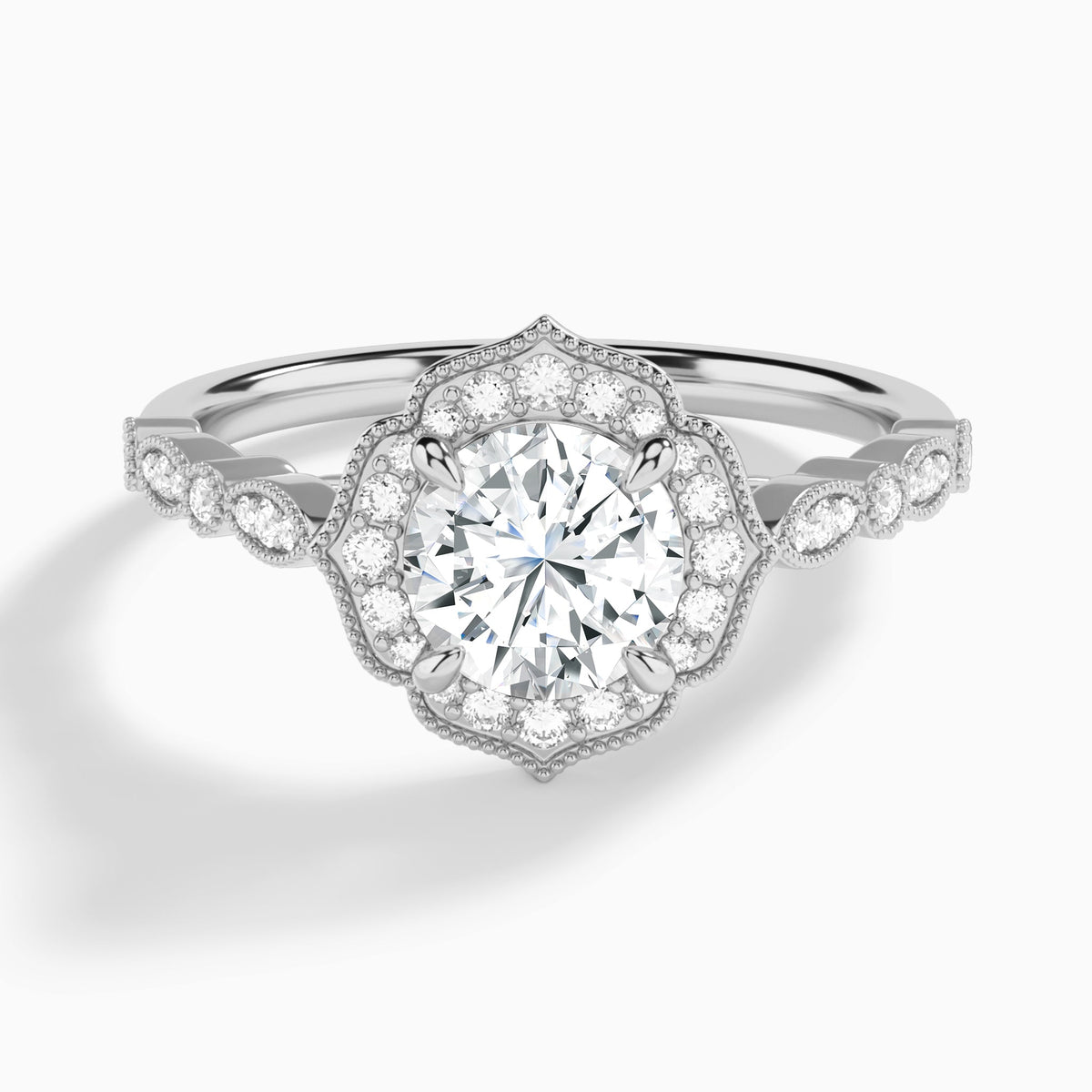 Round Anastasia Vintage Halo Lab Diamond Engagement Ring In 18K White Gold - Lucenjuri
