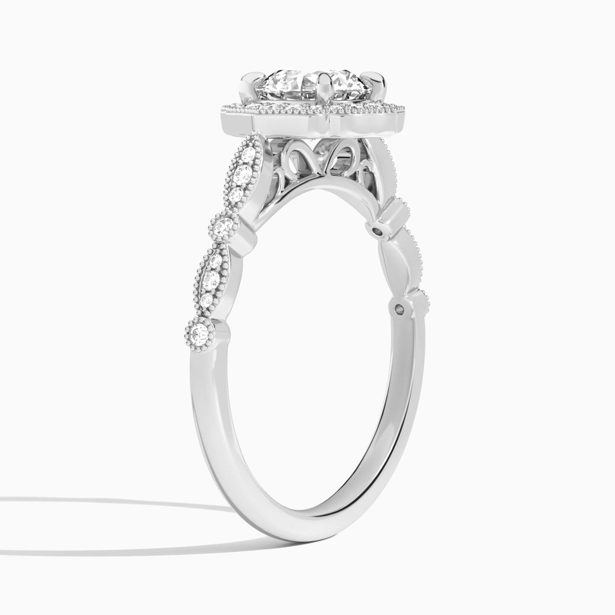 Round Anastasia Vintage Halo Lab Diamond Engagement Ring In 18K White Gold, Angle View