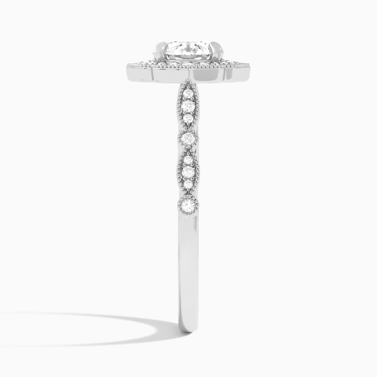 Round Anastasia Vintage Halo Lab Diamond Engagement Ring In 18K White Gold, Side View