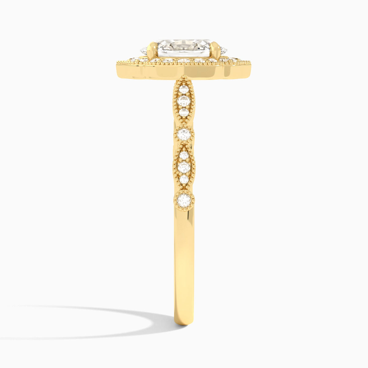 Oval Anastasia Vintage Halo Lab Diamond Engagement Ring In 18K Yellow Gold, Side View