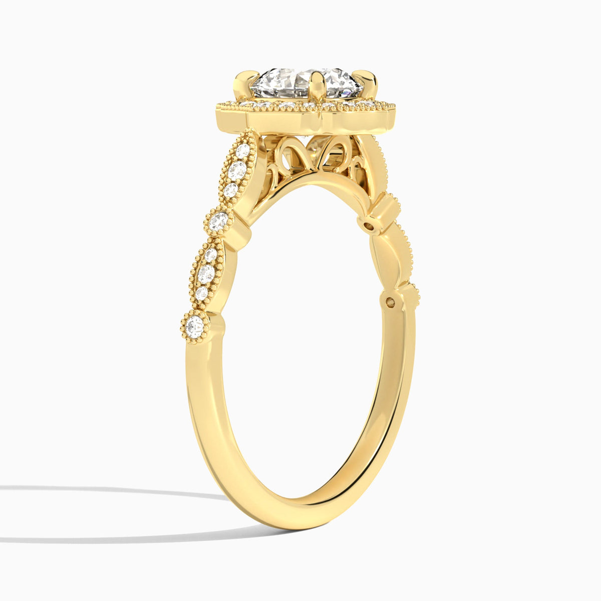 Round Anastasia Vintage Halo Lab Diamond Engagement Ring In 18K Yellow Gold, Angle View